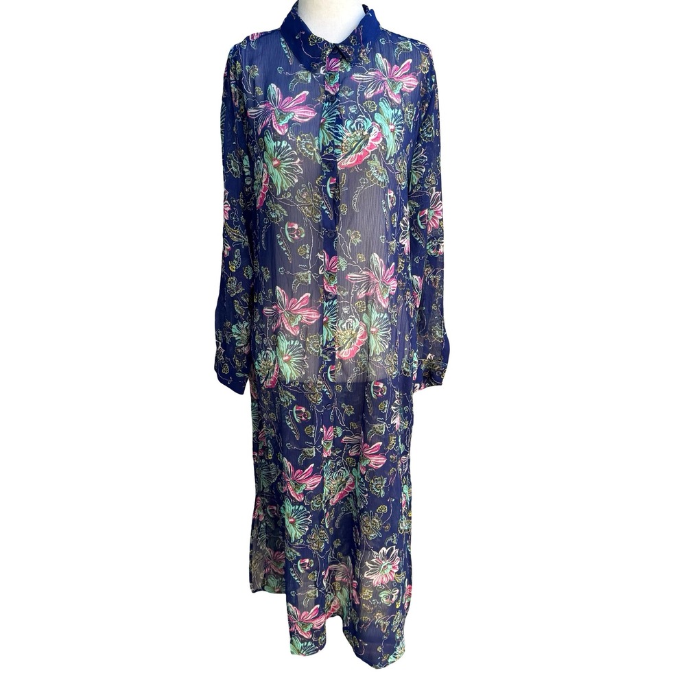 C Wonder Boho Coastal Resorwear Whimsigoth Floral Sheer Maxi Shirt Dress 12P